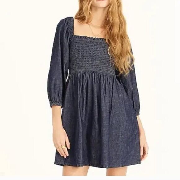 J. Crew Smocked puff-sleeve dress in chambray size Xxs NWT - Picture 1 of 8